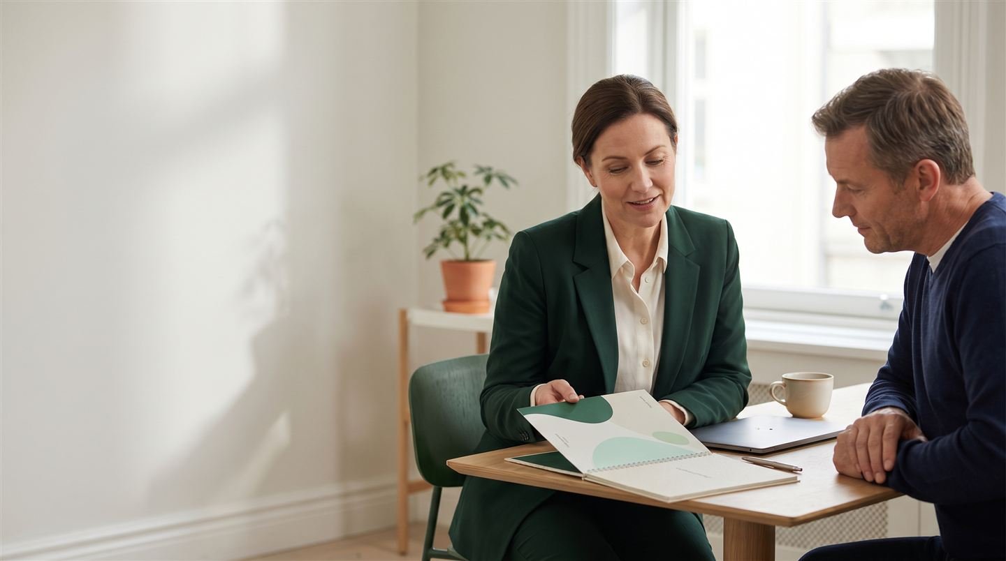 Insurance broker reviewing client-ready benefits materials with a business owner