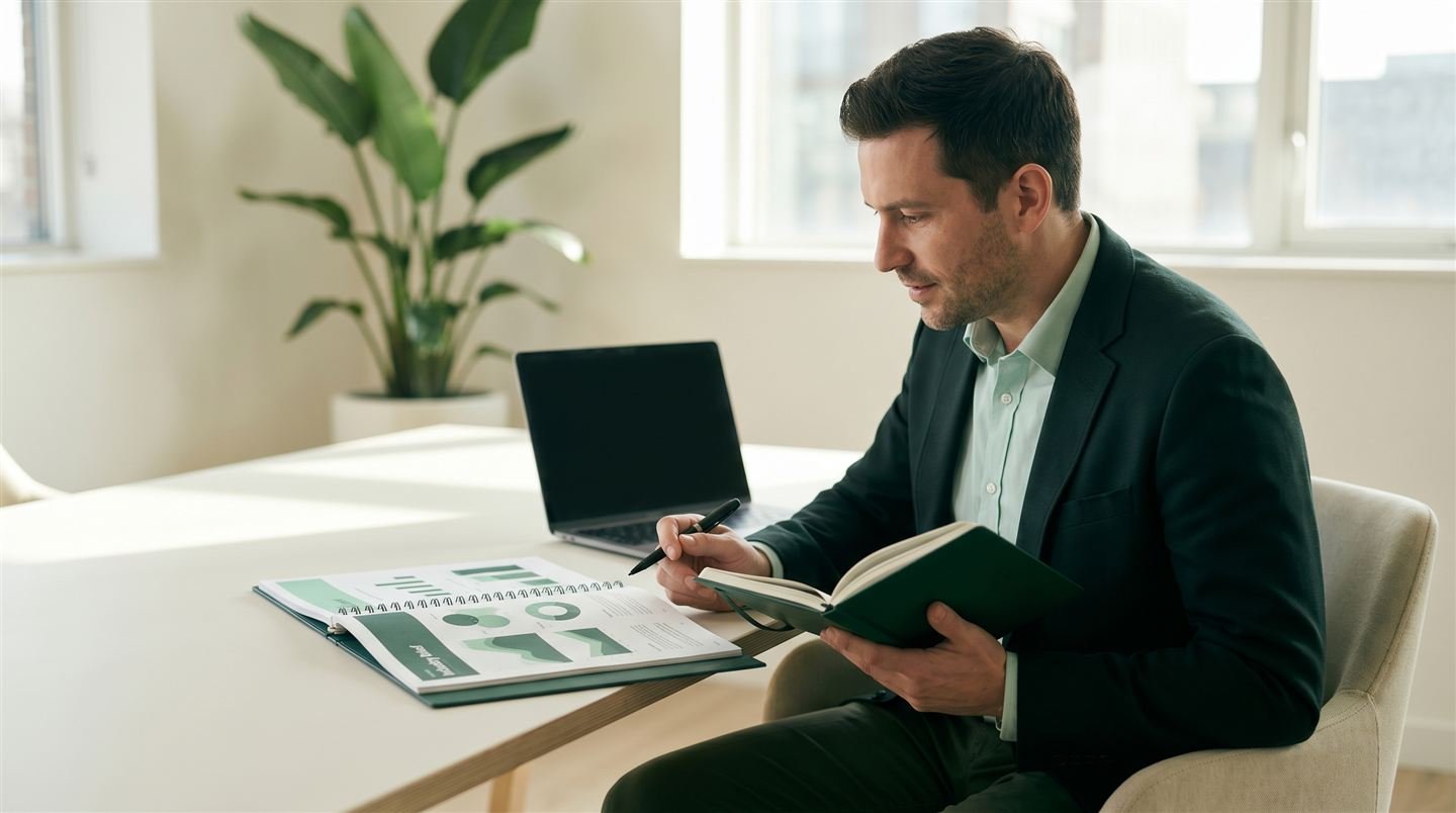 Benefits advisor reviewing polished client documents at a desk