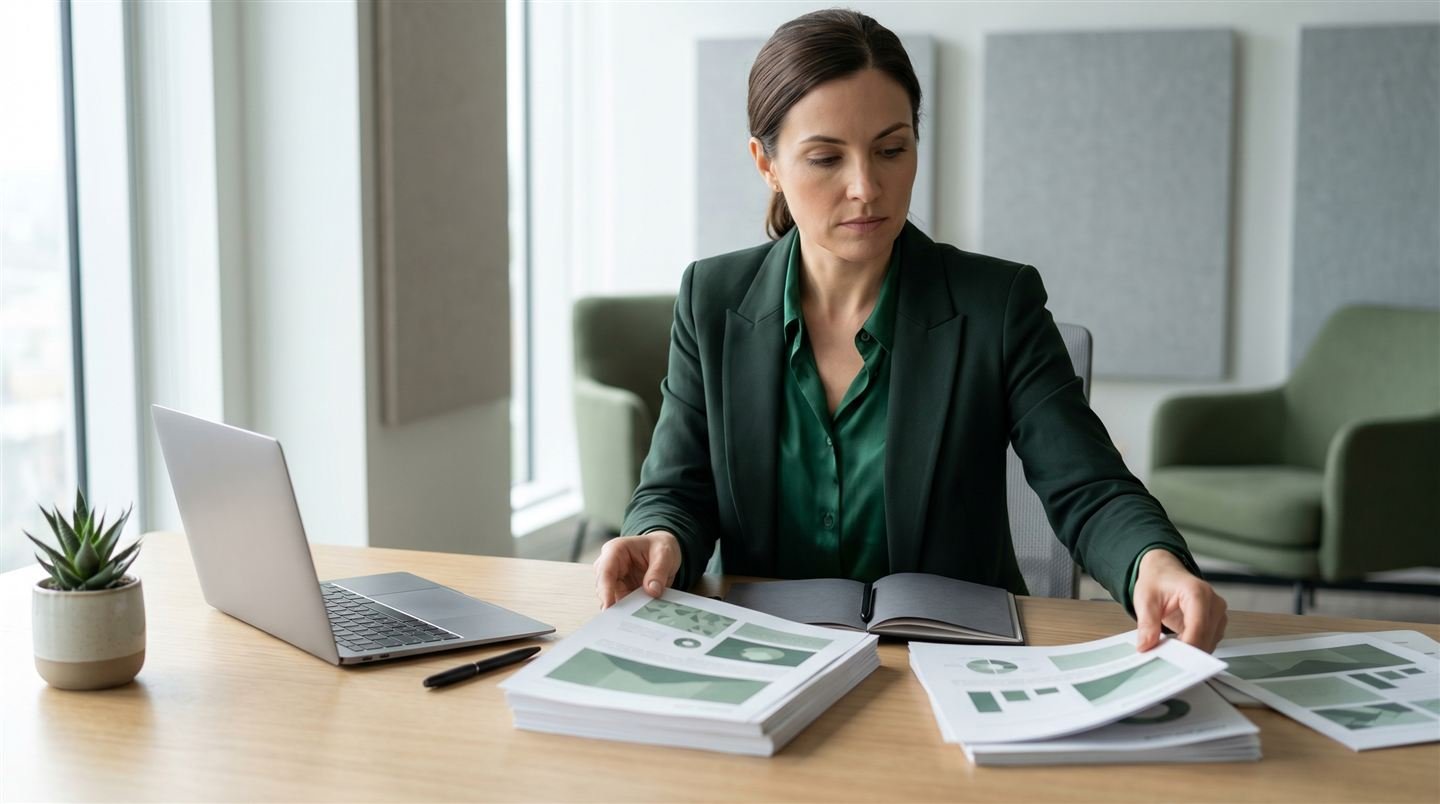 Benefits consultant reviewing professionally designed client documents